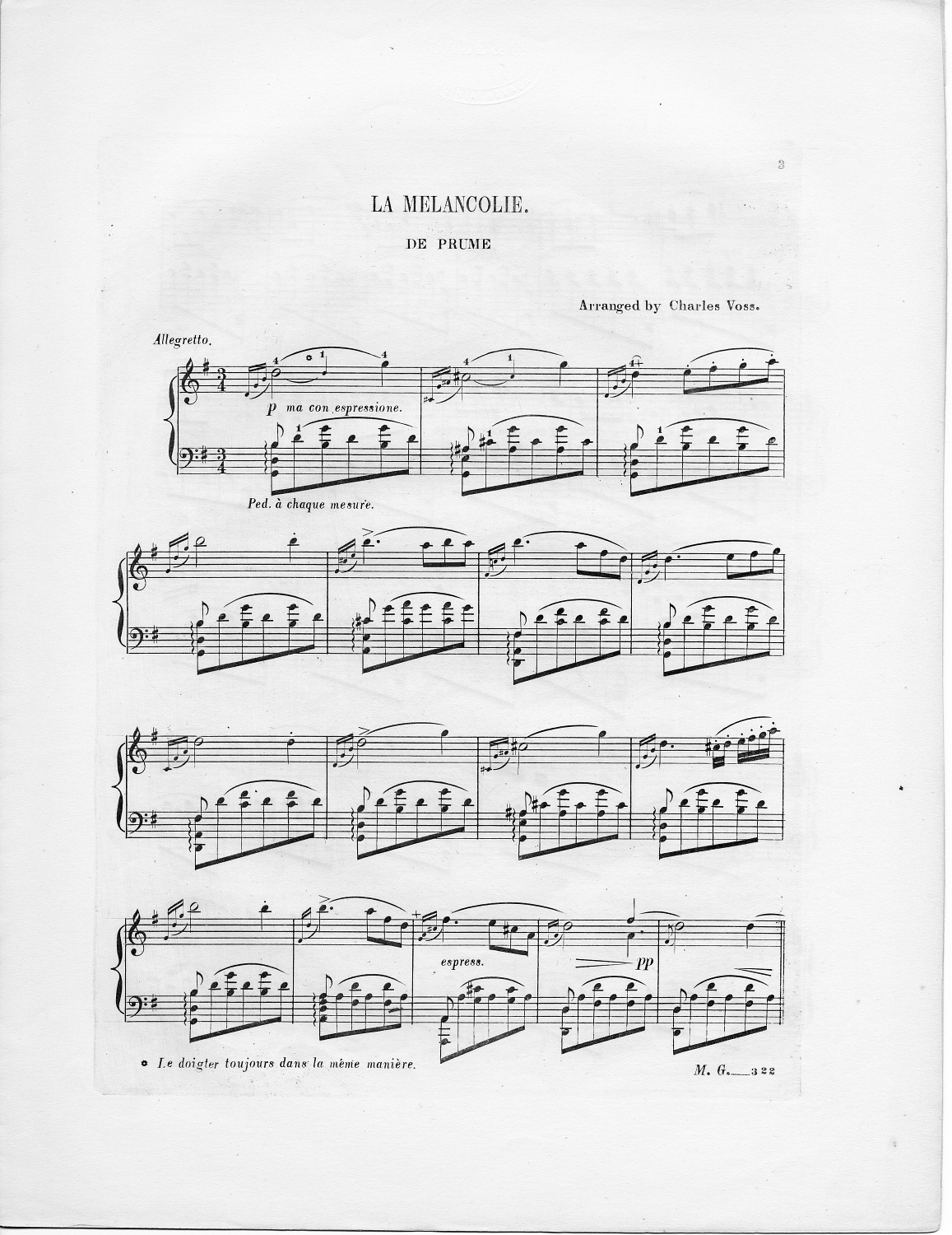 La mélancolie / de Prume ; arranged by Charles Voss.